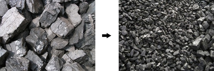 煤炭原料及由移動(dòng)式煤炭破碎機(jī)處理后的成品